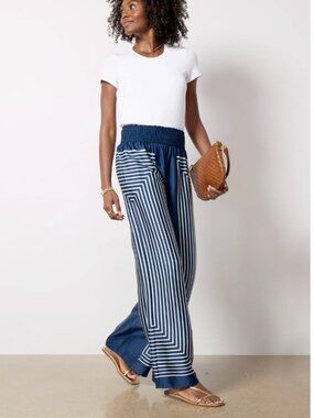 NWT - Hutch Geo Satin Pants Navy Blue Wide-Leg with White Graphic Stripe - sz M